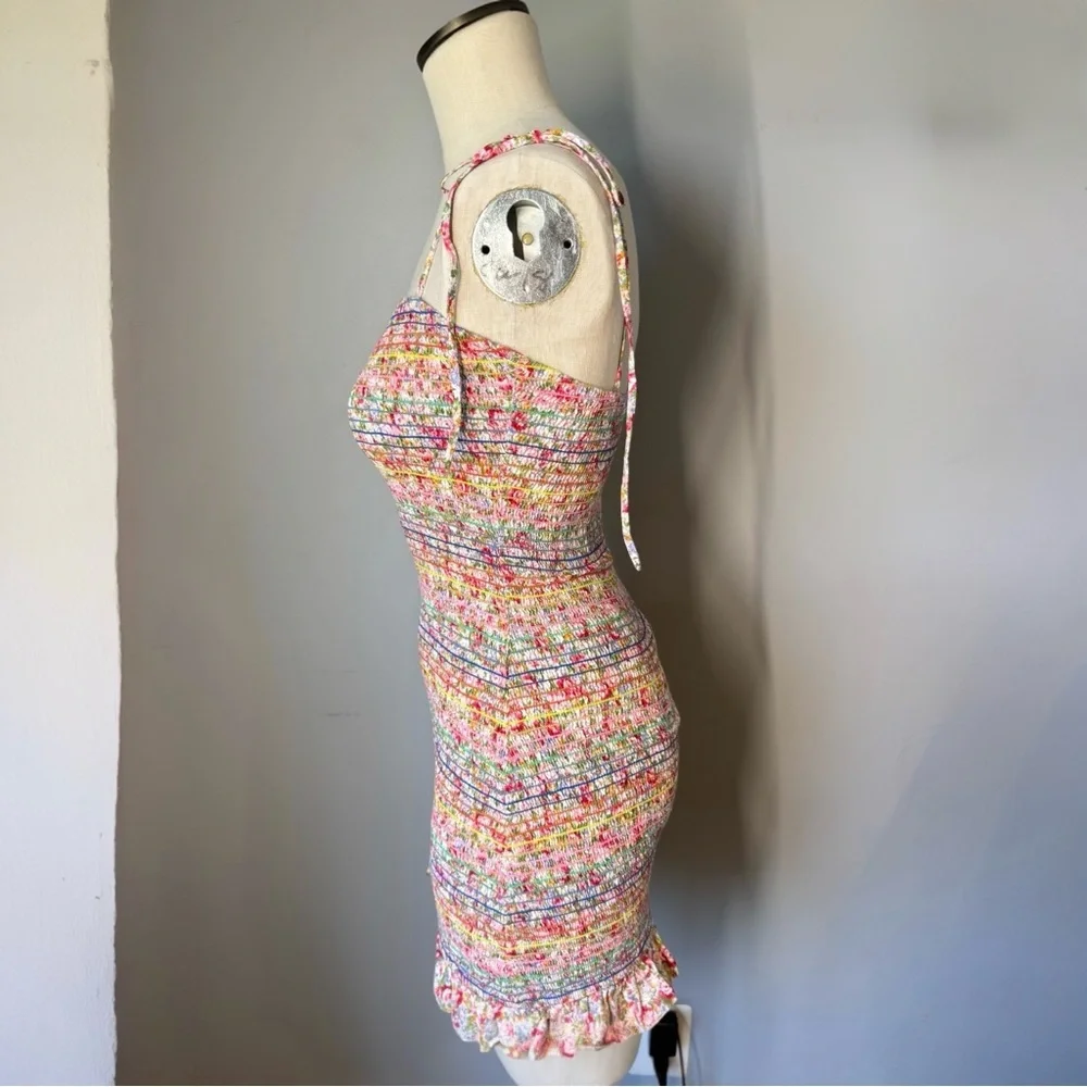Storia Rainbow Floral Smocked Ruffle Bodycon Spaghetti Tie Strap Mini Dress Sz S